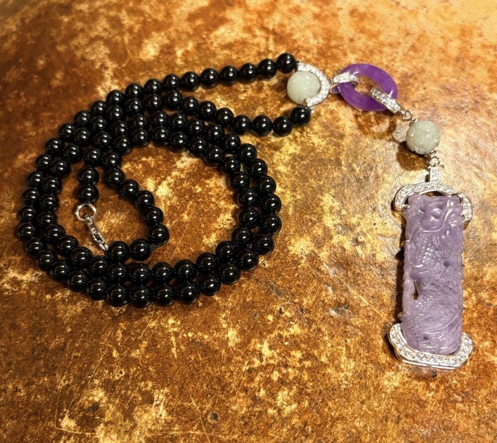 Jade of Yesteryear Necklace Sterling Silver & Black Onyx w/ Jade Dragon Pendant